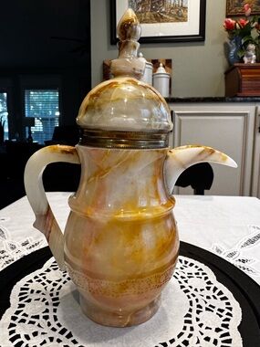 Vintage Tea Pot Natural Onyx Marble carved polished with brass 10” tall